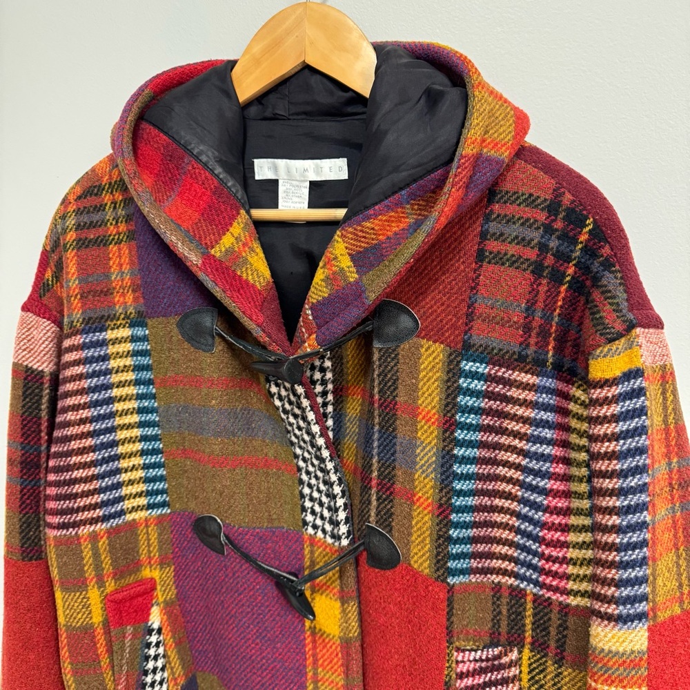 Vintage 90s The Limited Multicolored Plaid Patchwork Hooded Toggle Jacket L - Picture 3 of 13